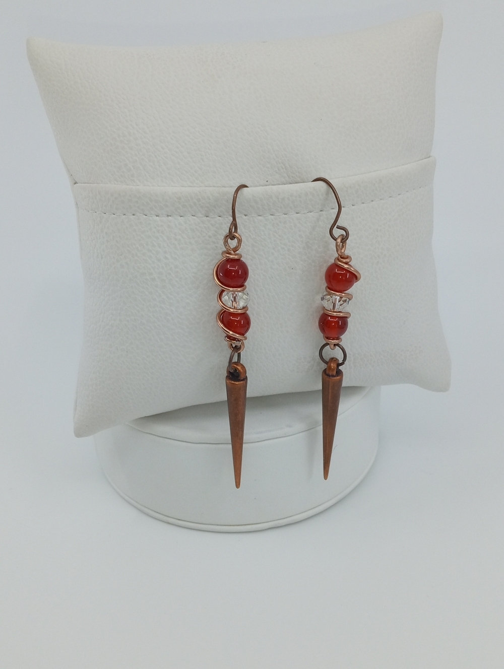 Gothic Handmade Wire Wrapped Dangle Earrings Red Glass Agate And Copper Spikes